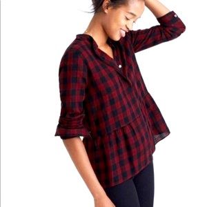 MADEWELL BUFFALO CHECK LONG SLEEVE PEPLUM SHIRT XXS
